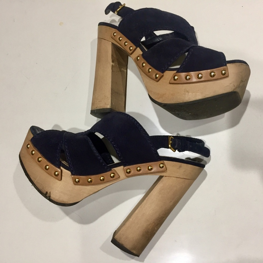 Miu Miu Navy blue suede wood studded sandals